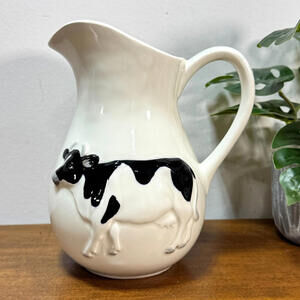Vintage Otagiri Japan Cow Milk Pitcher Bull Black & White Hand Painted 8.5" H